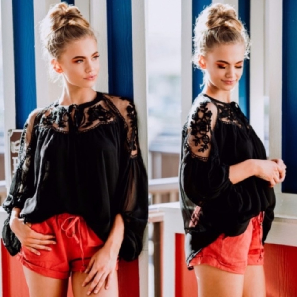 Boho Black Neck Tie Peasant Embroidered Oversized Floral Top - Picture 3 of 6